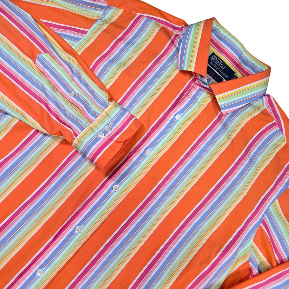 Polo Ralph Lauren Shirt Mens XL‎ 17.5 Regent Classic Fit Stripe Orange Preppy